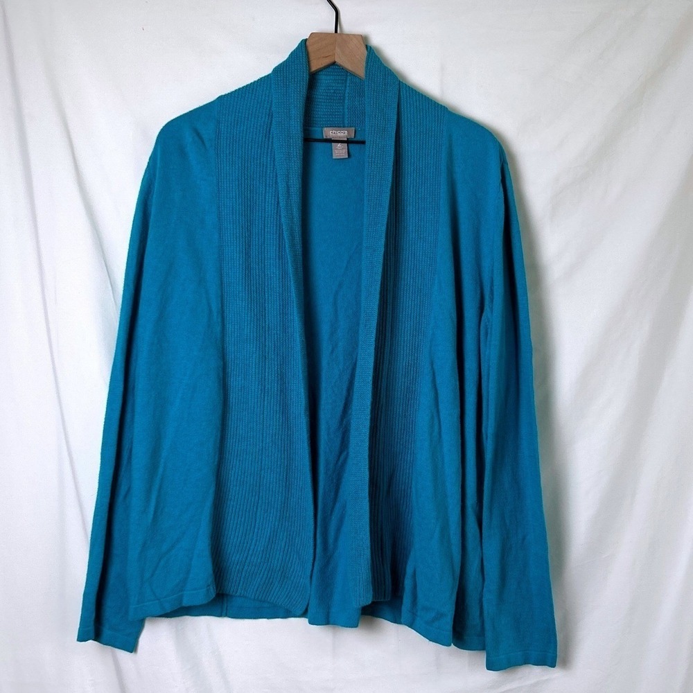 Chicos Women Silk Blend Shawl Collar Open Front Knit Cardigan Teal Blue Size 2/L